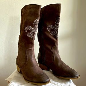 Kathy Van Zeeland Brown Suede Studded Mid-Calf Heeled Boots